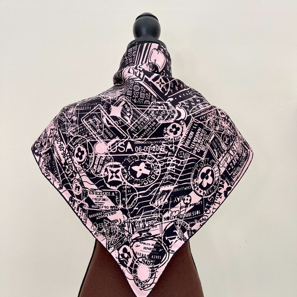 Louis Vuitton Scarf Luggage Travel Stamps Pink Silk Wrap with LV Gift Box